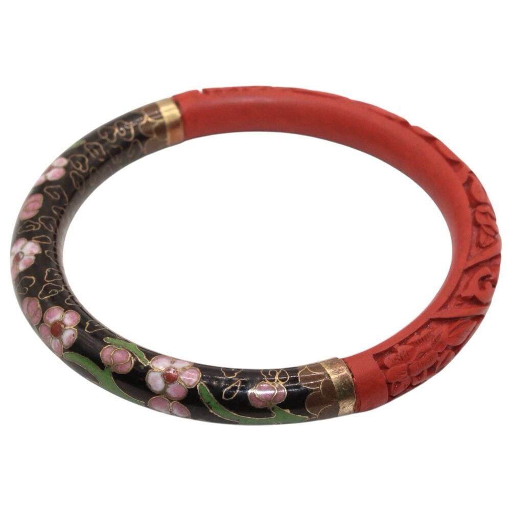 STUNNING Vintage Chinese Carved Cinnabar-Cloisonné Bangle Bracelet-Red cloisonné